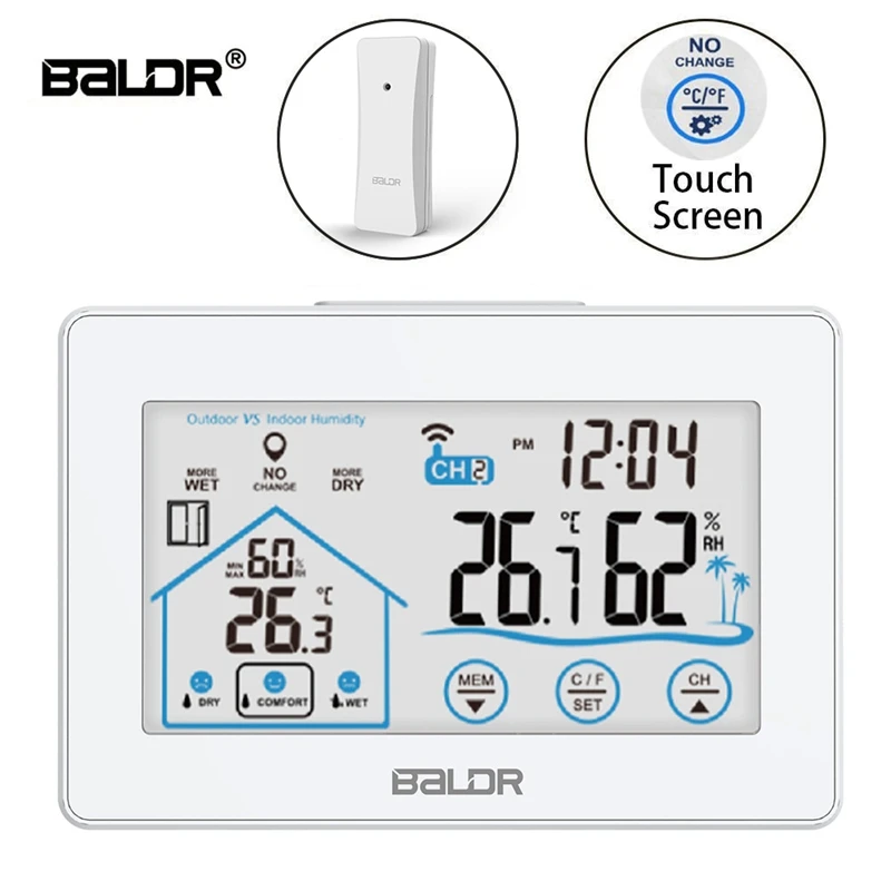 Baldr Wireless Weather Station Touch LCD Screen Thermometer Hygrometer Indoor Outdoor Forecast Sensor Calendar Indicator 3 CH |