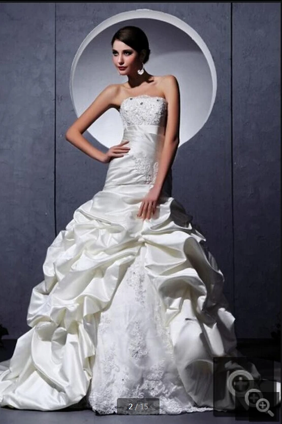 

2020 new arrival white taffeta mermaid wedding dress strapless pick-ups beaded pearls appliques wedding gowns best selling