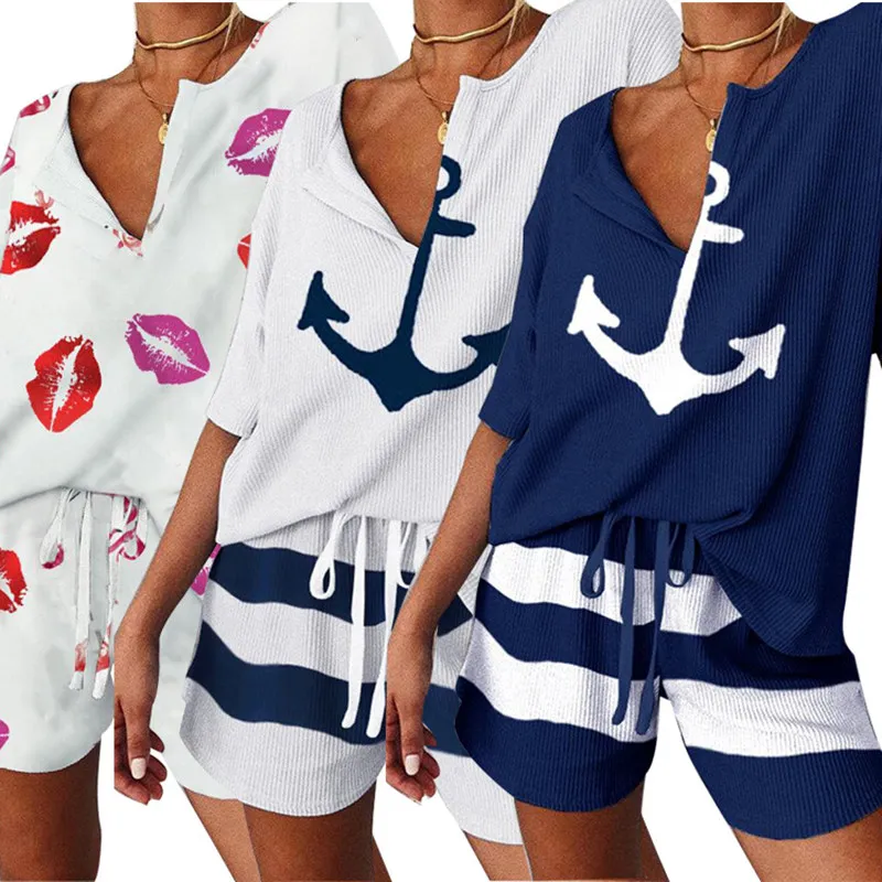 Комплект из двух предметов Летние шорты 2 Одежда для женщин Футболка с принтом