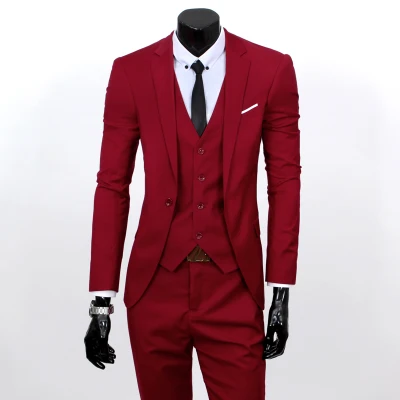 Wine red 1 button Пиджак+ жилет+ брюки) весенние Мужские приталенные деловые костюмы из трех предметов мужские вечерние костюмы жениха/мужские свадебные блейзеры - Цвет: Wine red 1 button
