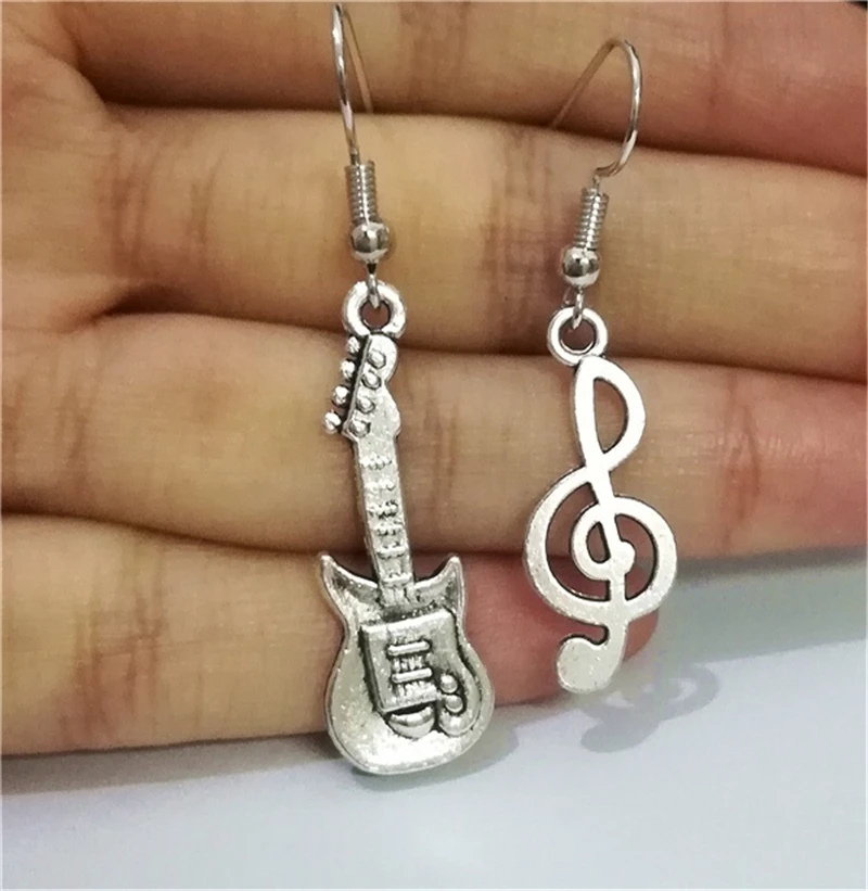 

Antique Silver Color Guitar Earrings Music Note Earrings Mismatch Earrings Gift for Music Lovers Tiny Guitar