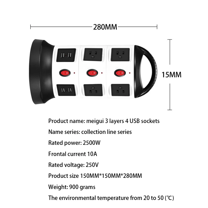10A 2500W умная розетка вертикальный ряд штекер мульти 3 слоя 4 гнезда USB Мощность