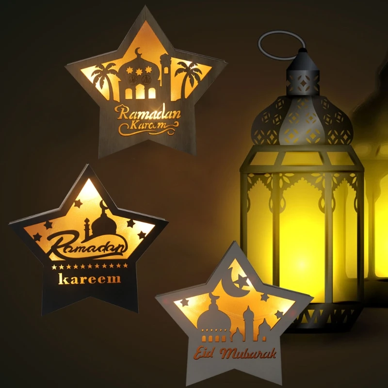 

Ramadan Eid Mubarak Wooden Five-pointed Star Ornaments Muslim Light DIY Crafts 69HF