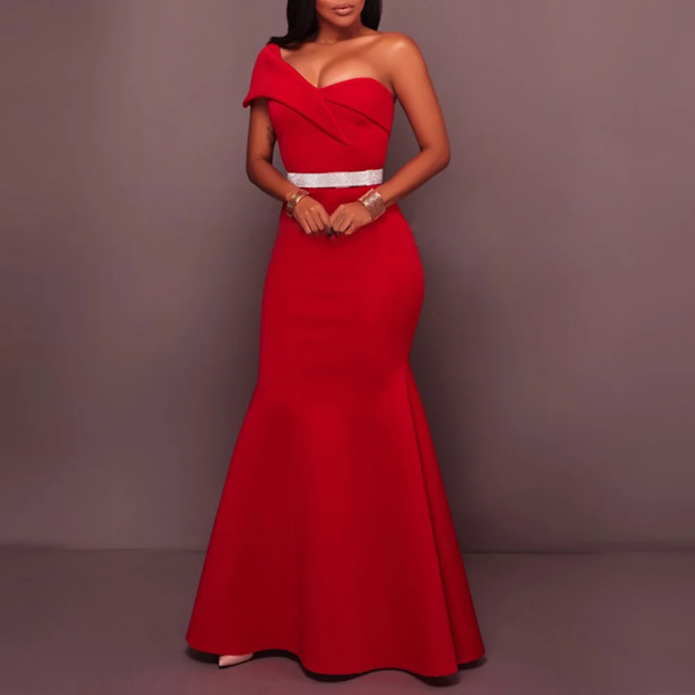 Сексуальное женское Красное длинное вечернее платье на одно плечо с открытой
