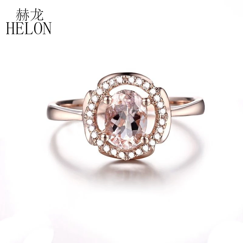

HELON однотонное 10K розовое золото безупречный Овальный 7x5 мм подлинный натуральный морганит бриллиант обручальное кольцо женское ювелирное ...