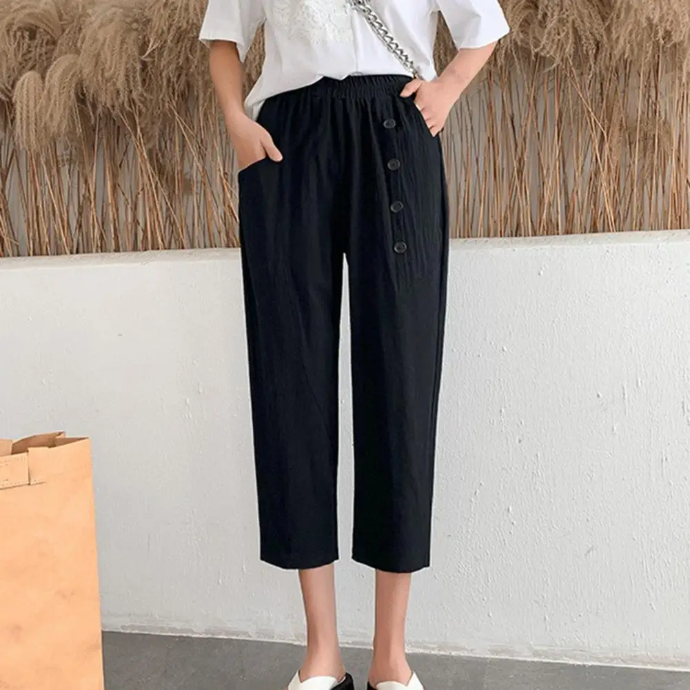 

Summer Women Cropped Pants Cotton Flax Loose Solid Color Buttons Slacks Thin High Waist Solid Color cropped pants ropa mujer