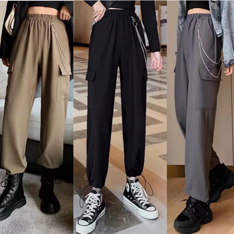 

Women's Overalls 2021 Autumn Harem Pants Fashion Punk Pocket With Chain Stretch High Waist Street Hip-Hop Pants
