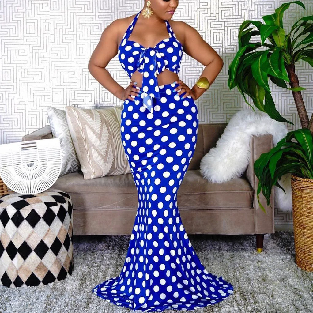 

Blue Dot Skirt Sets Crop Tops & Bodycon Mermaid Skirts Floor Length Backless Sexy Evening Night Party Club Wear Outfits Sets New