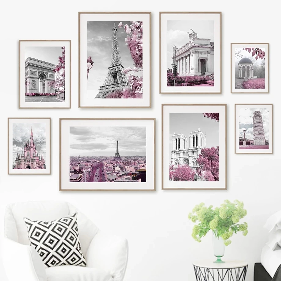 

Nordic Canvas Painting Pink Flower Paris Poster Wall Art Print France City Building Castle Pictures For Living Room Decoration
