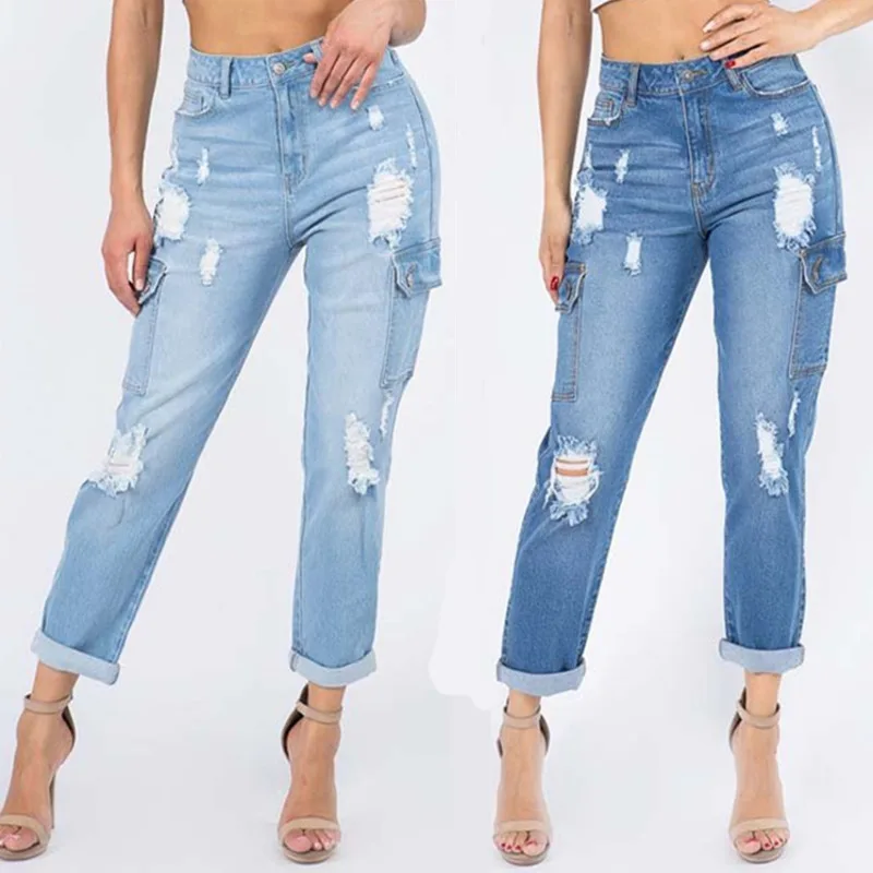 

Washed Long Trousers High Waist Jeans for Women 2021 Spring Autumn Bottom Ladies Harem Pants Casual Ripped Denim Pants BJ3856