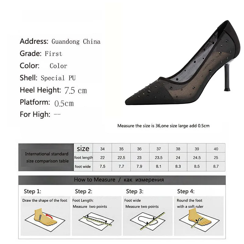 

Meriahzheng 7.5CM 2021 Summer Fashion Pointed Rhinestone Mesh High Heels Shallow Mouth Breathable Banquet Women's Shoes LSJ