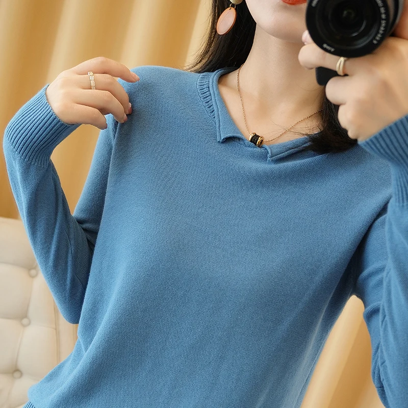

Women's Base Shirt Autumn and Winter Cotton Knitwear% Cotton New Short Loose 2021 V-neck Knitted Korean Style Fashionable