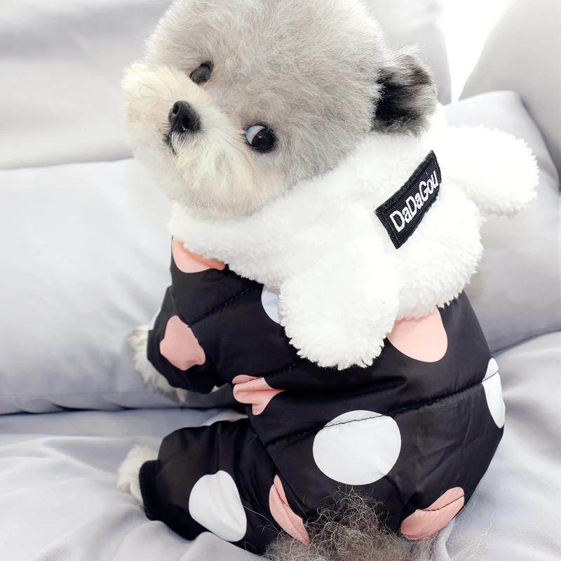 Зимняя одежда для собак с капюшоном пальто детей из хлопка узором в горошек