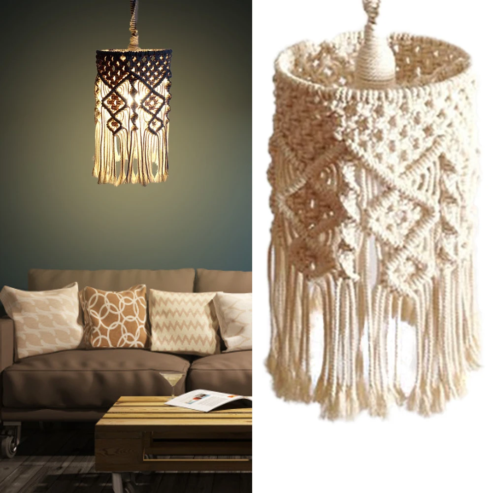 

Nordic Style Hand-knitted Lampshade Macrame Hanging Lamp Decoration For Living Room Tassel Cotton Rope Woven Lampshade Tapestry