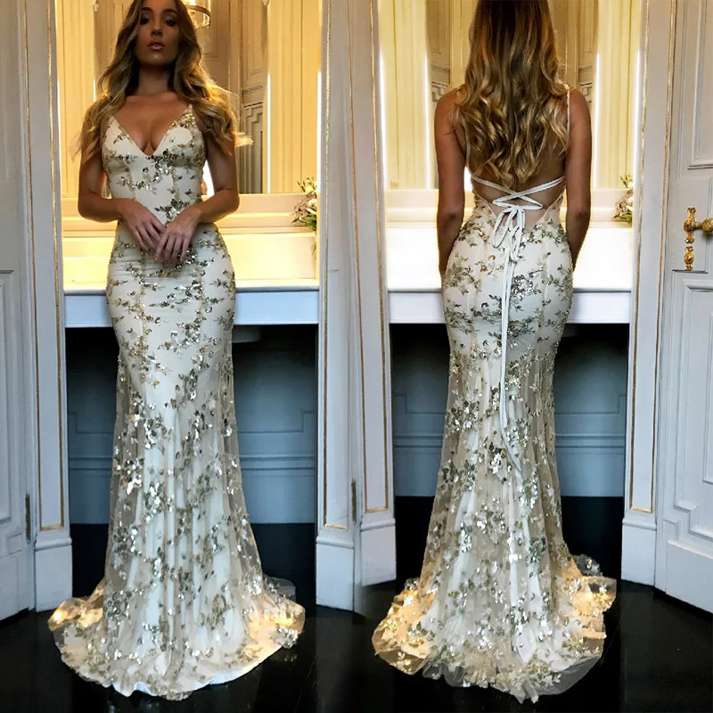 

Sexy Mermaid Evening Party Dress Sequins Vestido de Fiesta Women Long Maxi Dress Open Back Glitter Robe Stage Dress YSM-050