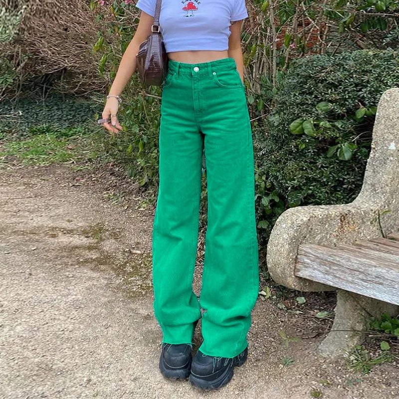 

Женские однотонные джинсы со средней талией, свободные расклешенные брюки в стиле Харадзюку, повседневные Дамские Брюки с карманами, уличн...