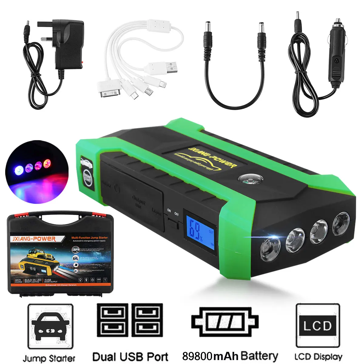 89800mAh 12V 600A 4 USB Высокая емкость стартер для автомобиля светодиодный светильник
