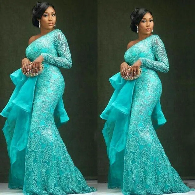Aso Ebi голубое сексуальное вечернее платье с длинным рукавом кружевное Русалочки