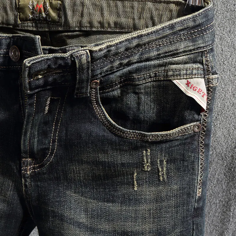 European Vintage Fashion Men Jeans Retro Distressed Washed Slim Fit Ripped Jeans Men Scratch Designer Casual Cotton Denim Pants