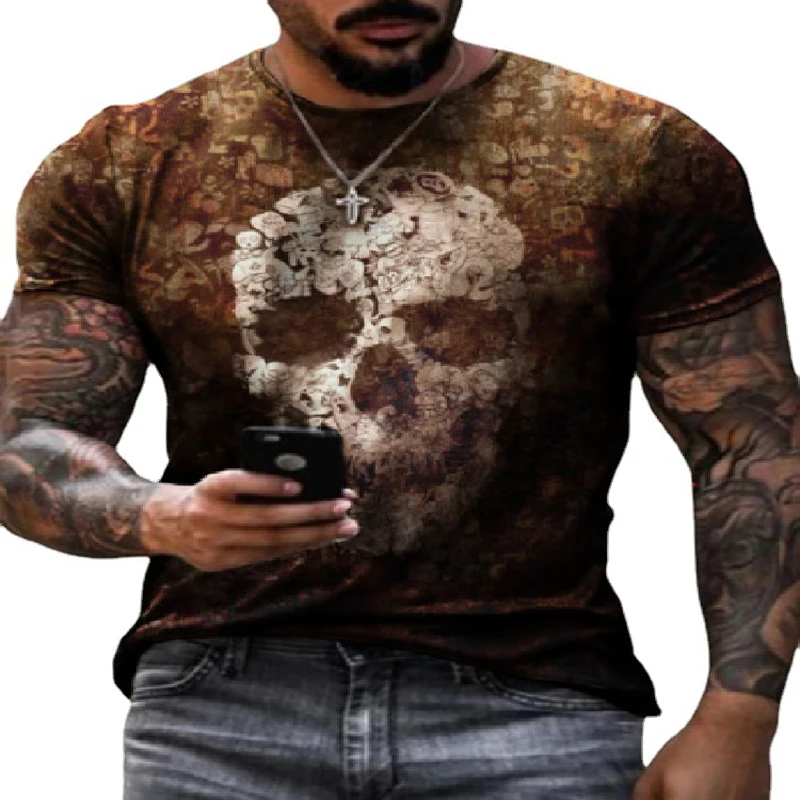 

Spring Summer New Men's T-shirt Loose Round Neck Top Hell Skull Tshirt Art Print Short Sleeve T-shirt For Men Gothic Clothes