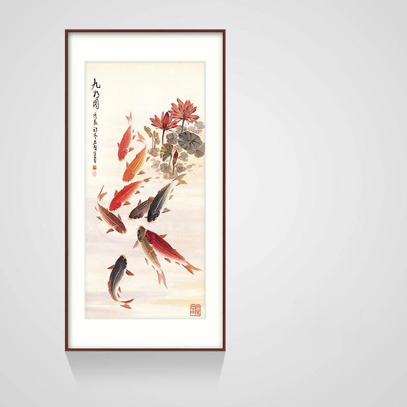 Традиционная китайская живопись картина большой цветок кои лотос девять рыб