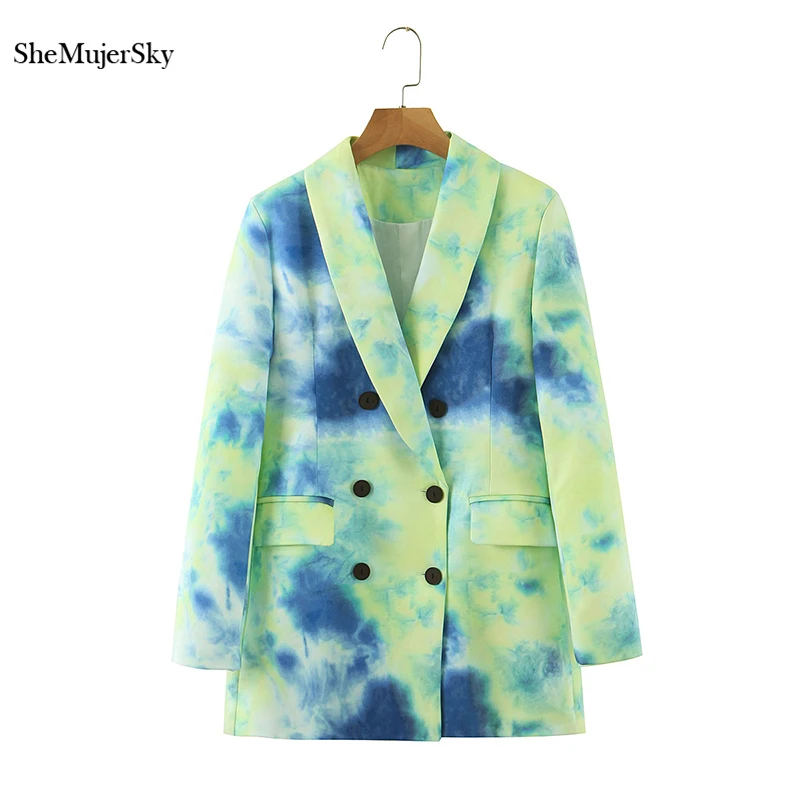

Женский двубортный пиджак SheMujerSky, модный зеленый Блейзер с принтом, 2020
