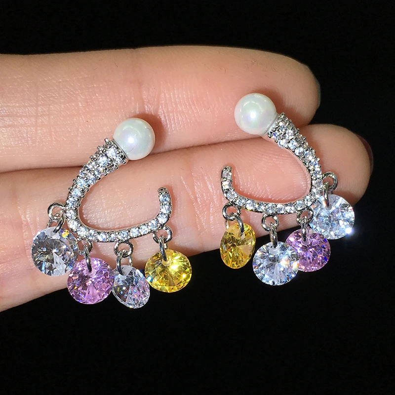 

Cute Style Colorful Crystal Drop Micro Pave Zircon CZ With Pearl Exquisite S925 Silver Stud Earrings For Women