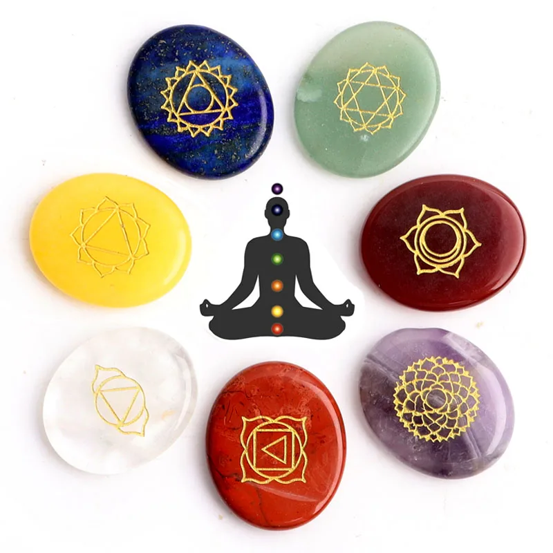 

High Quality Set of 7 Chakra Stones Symbols Stone Set Palm Natural Stone Crystal Gemstones Fengshui Decor Reiki Healing