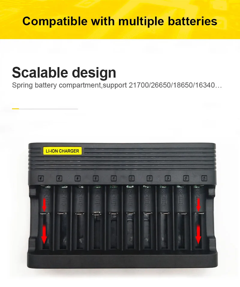 pujimax 26650 10 slots battery charger 18650 eu smart charging 14500 26500 22650 26700 li ion rechargeable battery charger free global shipping