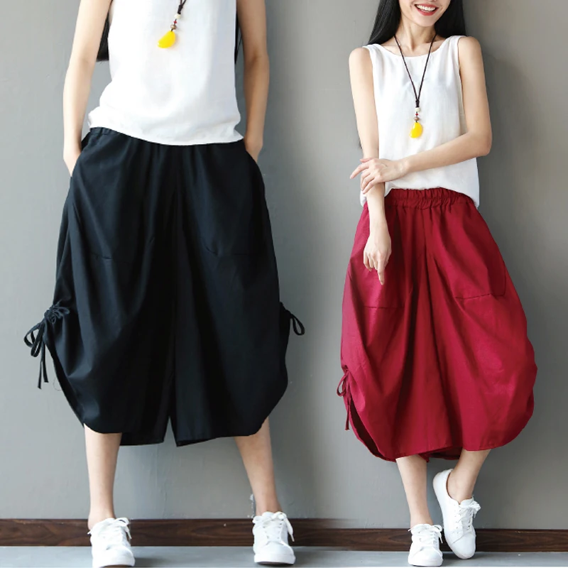 

Cotton Linen Wide Leg Women Pants 2021 Summer Vintage Solid Drawstring Knee-Length Casual All Match Female Pants Top Quality
