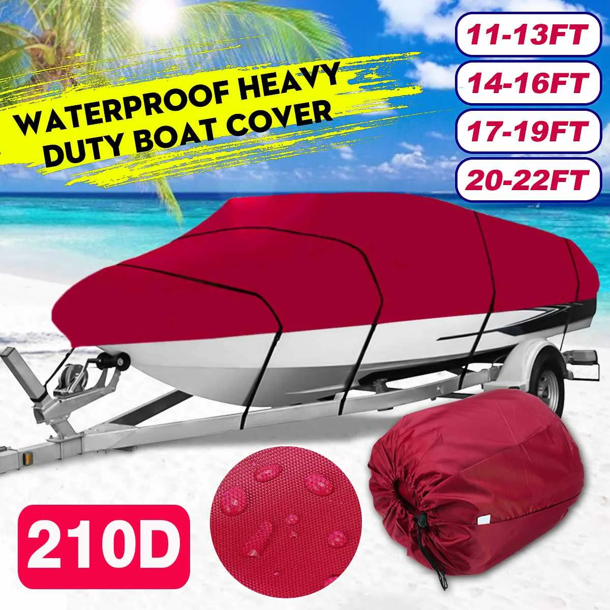 

Сверхпрочный чехол для лодки 210D 11-22FT красный водонепроницаемый пыленепроницаемый для рыболовных лыж, окуней, V-корпуса, лодок, трейлерных су...