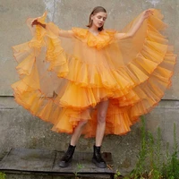 orange prom dress o neck asymmetry high low party dresses layered see through dress ruffles chic dress plus size new design