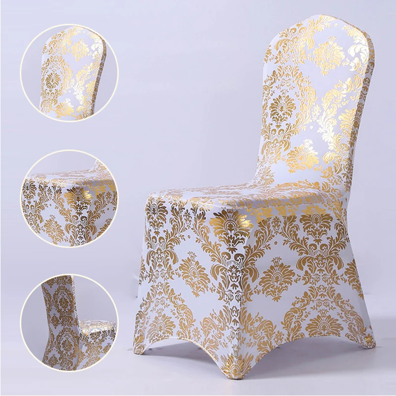 

50/100pcs/lot Bronzing Gold Printing Floral Chair Cover Elastic Chair Protector for Wedding Party Banquet Restaurant Hotel Decor