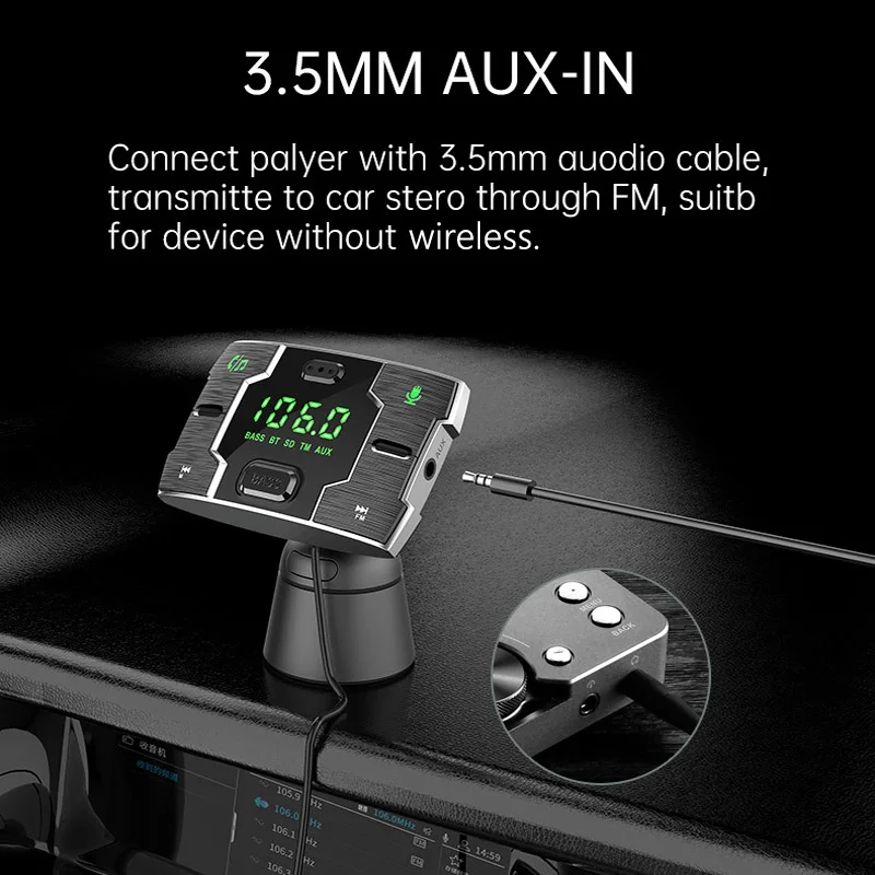Fm-передатчик JaJaBor AUX аудио музыкальный ресивер Bass PD18W Type C QC3.0 USB зарядное