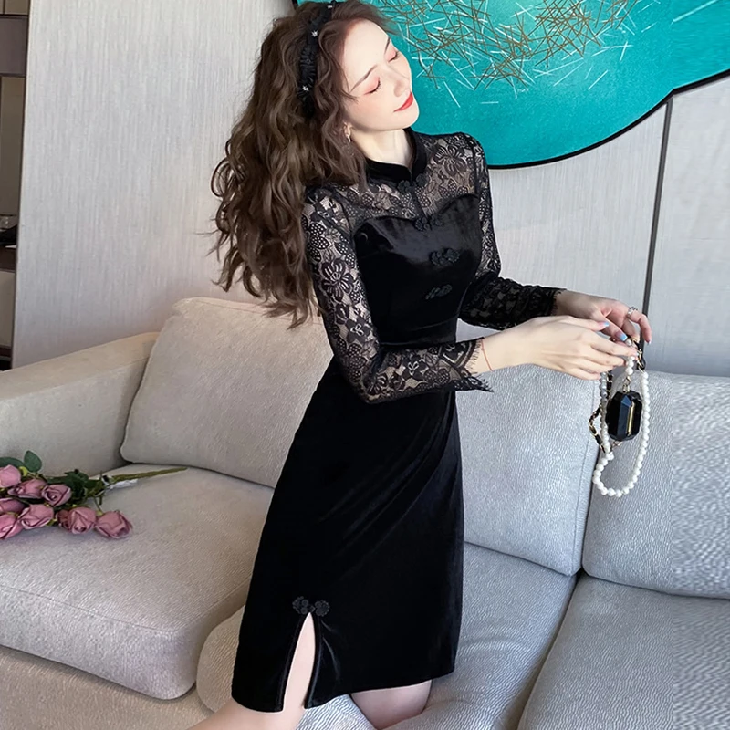 Женское кружевное платье-карандаш средней длины элегантное бархатное черное