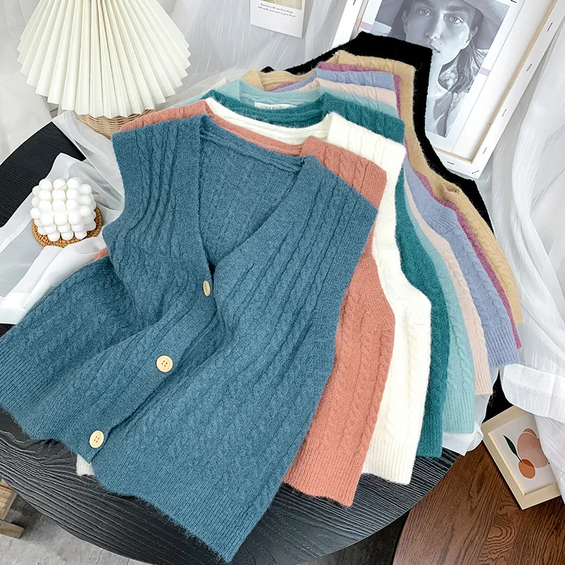 

Bazhenova Fashion Korean Knitted Vest Women Autumn Waistcoat V-Neck Sleeveless Sweater Cardigan Single Breasted Solid Top T3353
