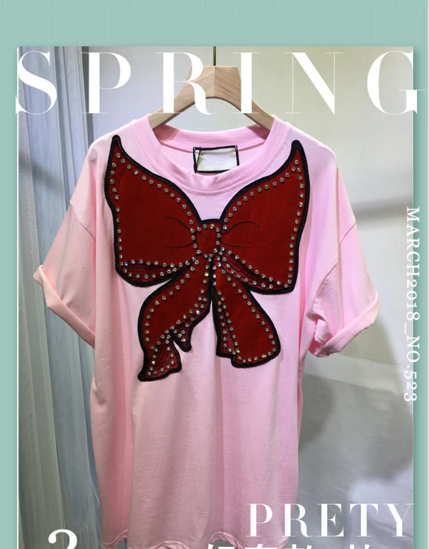 

2021 Spring Summer European Bow Beaded Pink T-shirt Short Sleeve Loose Mid-Length Women Top Cotton Large Version Ins Tee