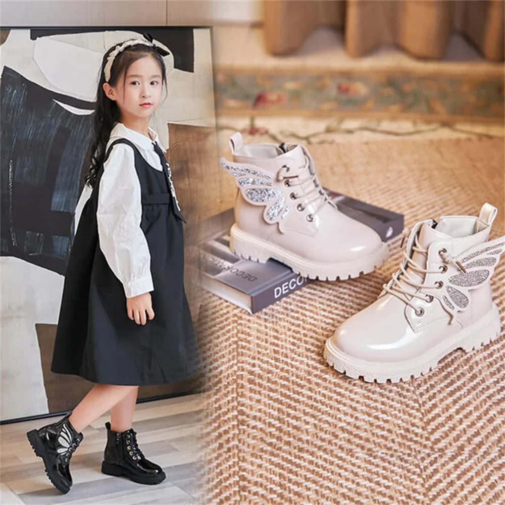 

2022 осень и зима детские модные ботинки для девочек кожаные короткие ботинки на платформе с крыльями бабочки детская обувь XZ136