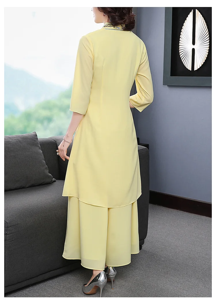 Spring traditional Chinese style retro embroidered cheongsam long top+long wide leg trousers two pieces set suits for women