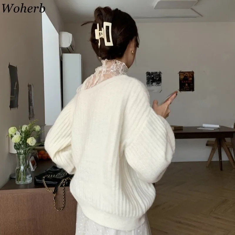 Woherb Осенняя Женская одежда милые Лоскутные кружевные свитера пальто шикарные