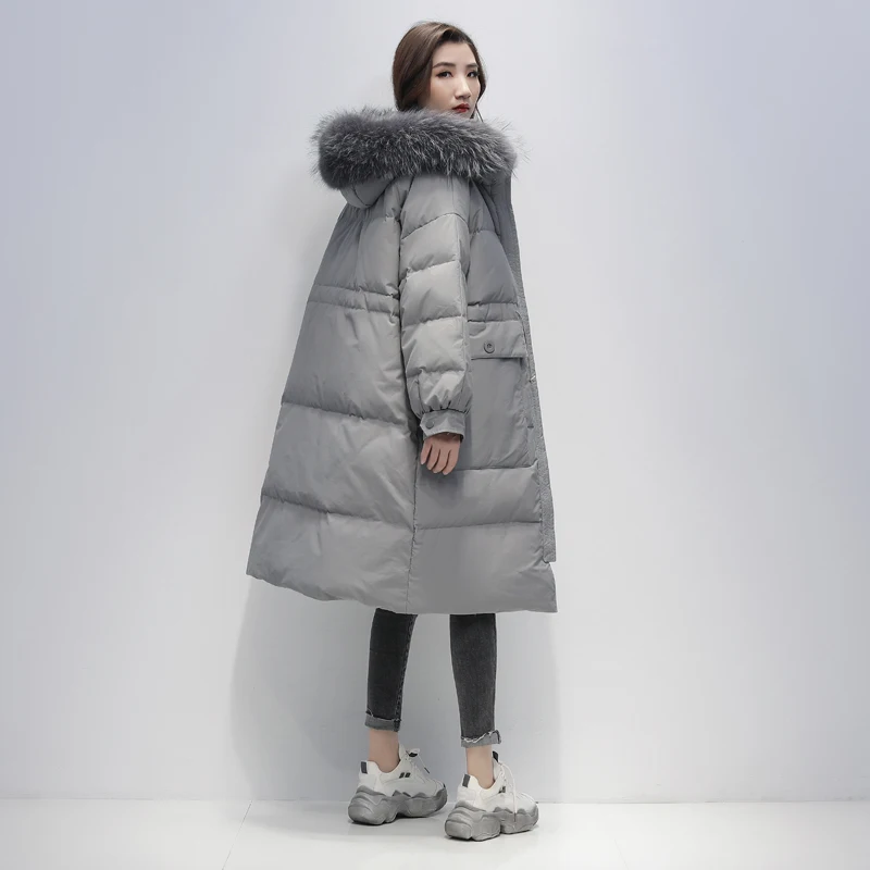 Женское длинное пуховое пальто Janveny куртка на белом утином пуху с капюшоном и