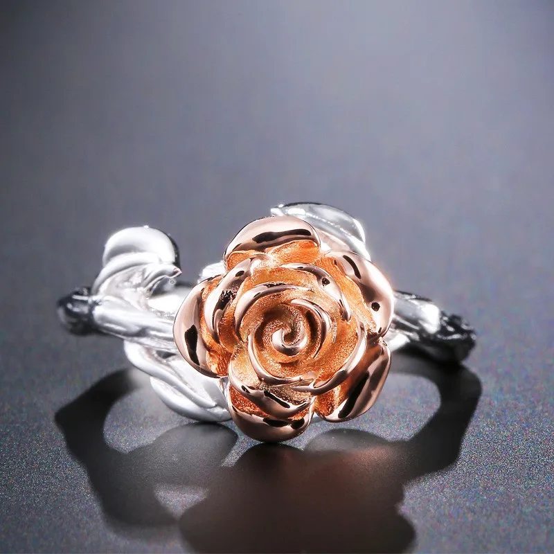 

Hot Sale Ladies Two-tone Rose Flower Leaves Shaped Ring for Women Wedding Engagement Bridal Party Jewelry