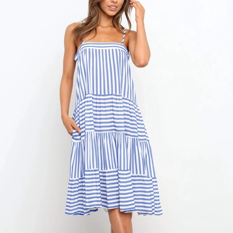 

Women's Casual Short-Sleeve Suspenders Striped Stitching Large Hem Skirt Mid-Length Dress with Pockets