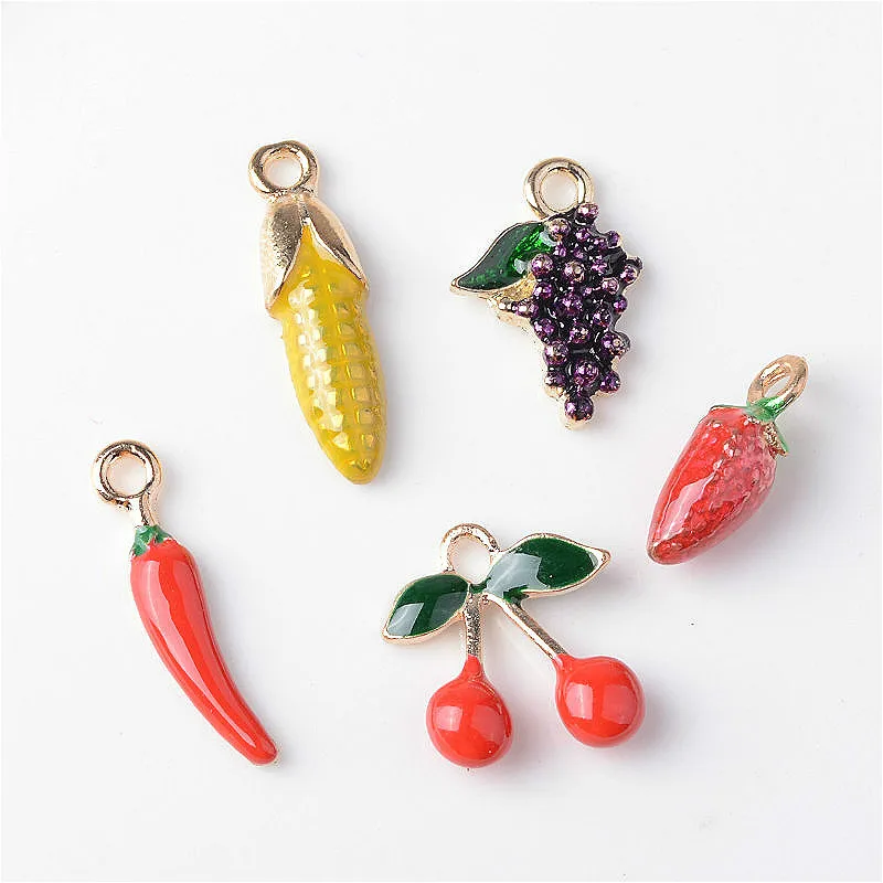 

20pcs/Lot Fruit Vegetables Chili Grape Drop Oil Pendant Zinc Alloy Enamel Charms Fit For Earring Bracelet Making