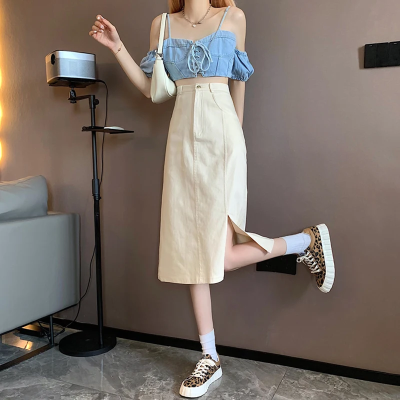 Юбка-миди женская джинсовая с карманами и Боковым Разрезом | Женская одежда