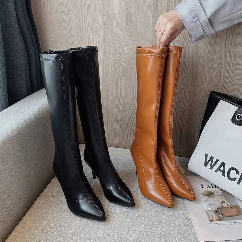 

Women Boots Leather Boots Slimming Knight Boots 2020 Winter New High Heels Pointed Toe Black Boots Thigh High Boots Size 34-40