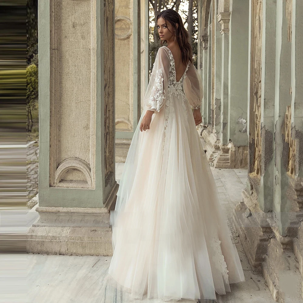 ChuYu Modest Pure Love Wedding Dresses Deep V Neck Lantern Appliques See Through Backless парные кольца