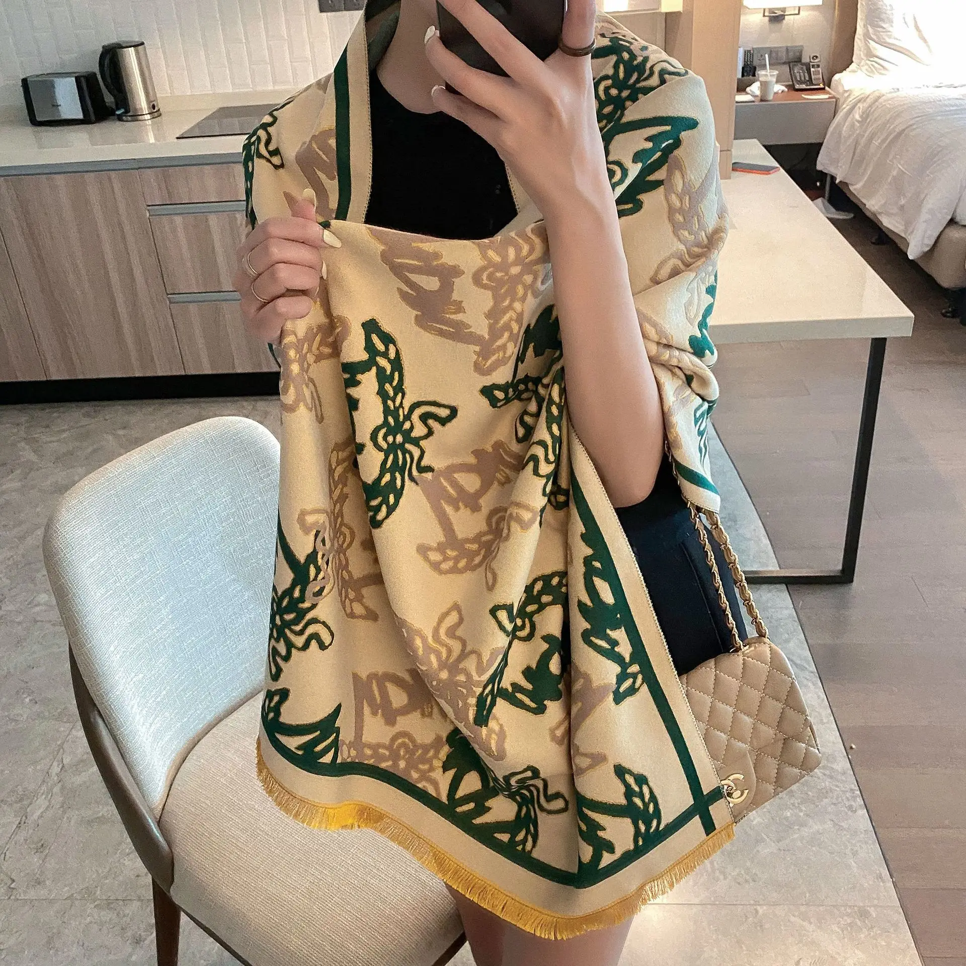 

Double-Sided Lengthened Shawl Warm Scarf Women's Geometric Jacquard Thickened Cashmere-like Short Beard Decorative Tassels