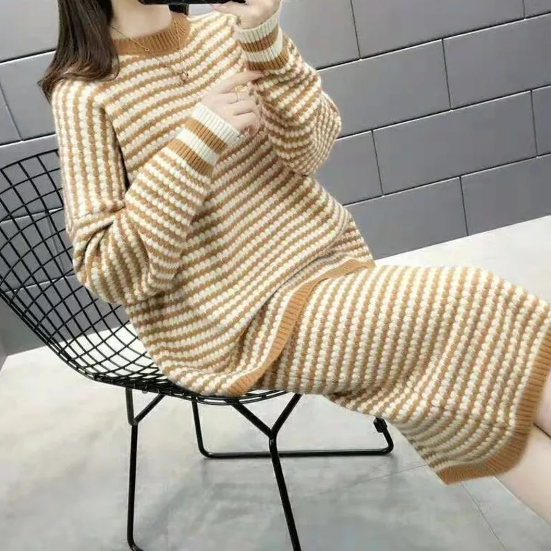 

Sweater 2 Piece Sets Womens Outfits Korean Fashion Loose Houndstooth Knitted Pullover+Slim Midi Skirt 2021 New Spring And Autumn