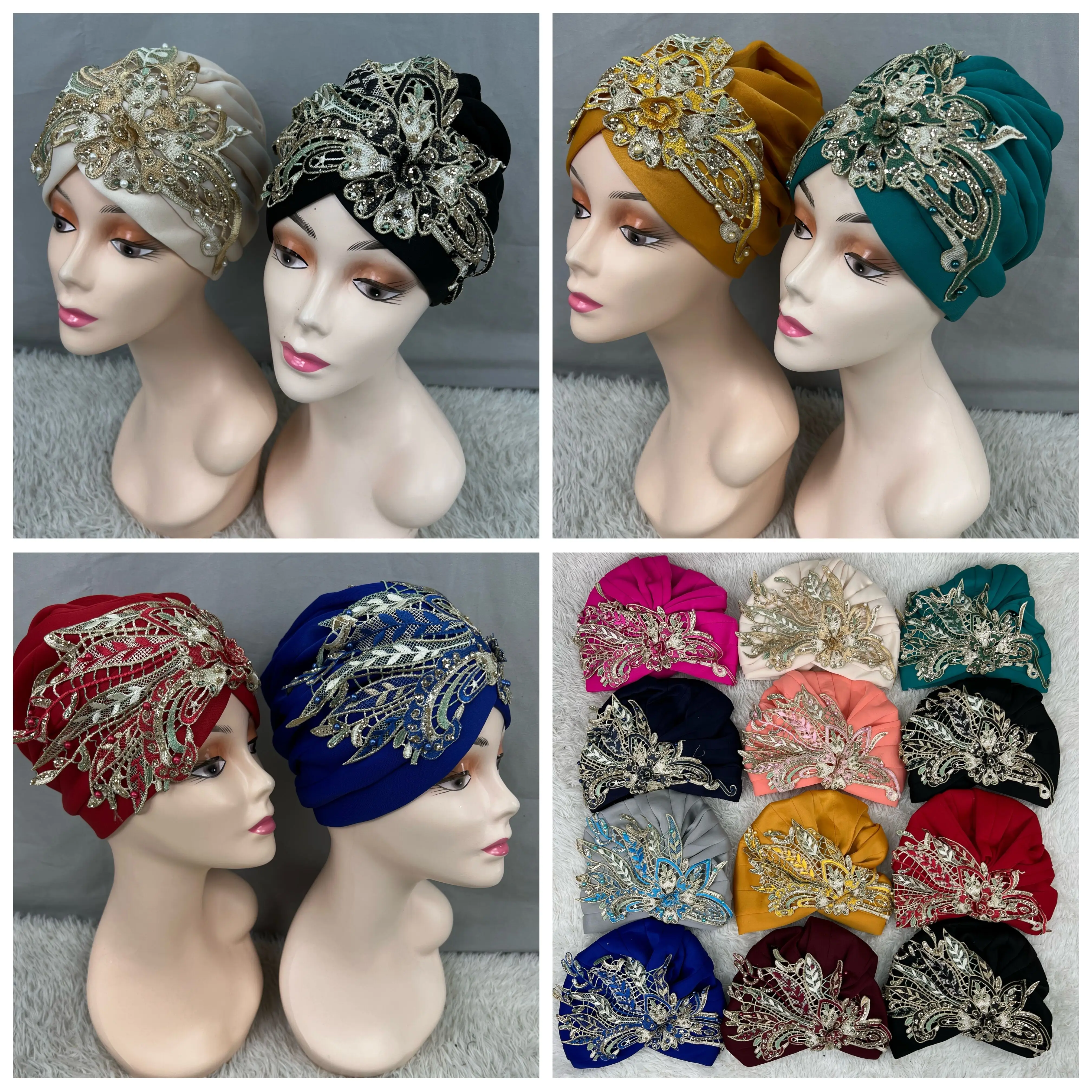 

New Women Beads Diamonds Flower Turban Cap Muslim Headscarf Bonnet Inner Hijabs Indian Hat Hair Accessorie Wholesale 12pcs/pack